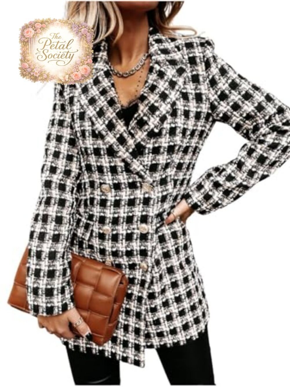 Tweed Blazer Womens Double Breasted Open Front Plaid Jacket Business Casual
